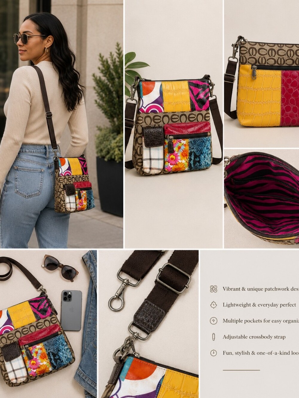 Boho Patchwork Crossbody Bag Colorful Eclectic Festival Purse